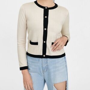 A New Day Metallic Silver Cardigan with Black Trim